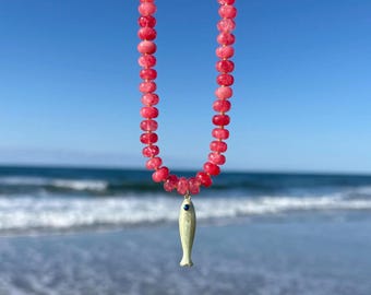 pink tourmaline gemstone fish necklace with sage green fish charm, colorful beach charm necklace