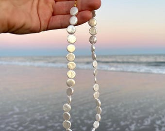 mother of pearl coin necklace, shell beach necklace