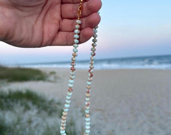 aqua Jasper gemstone necklace, light blue coastal style beaded necklace