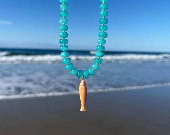 aqua blue jade fish necklace, colorful summer beach jewelry, jade gemstone necklace