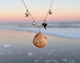 scallop shell charm necklace, beach charm necklace, summer jewelry