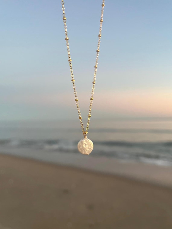 mother of pearl coin necklace, dainty 14k gold filled jewelry