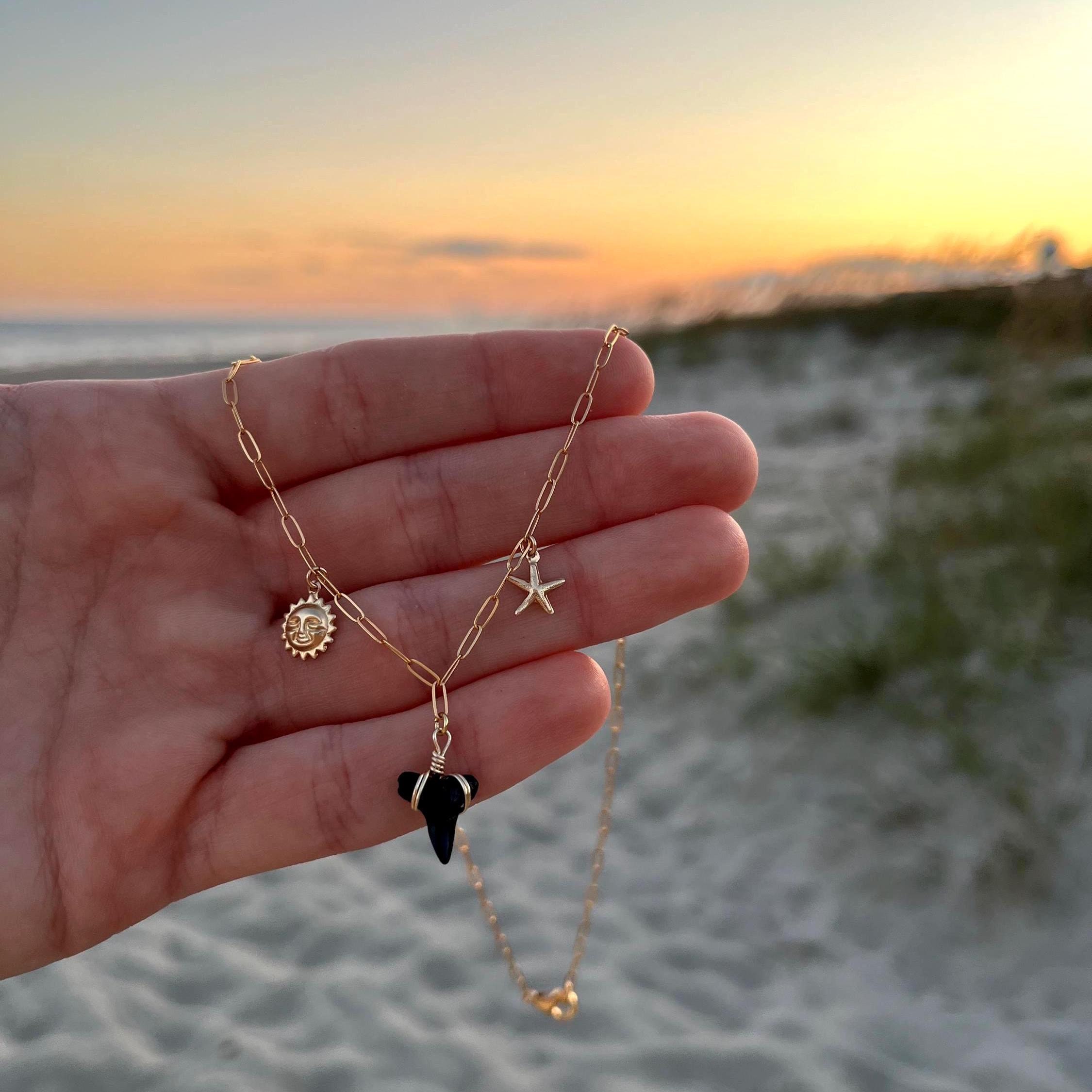 beachy charm necklace, 14k gold filled charm necklace, shark tooth necklace, boho beachy charm necklace, waterproof jewelry