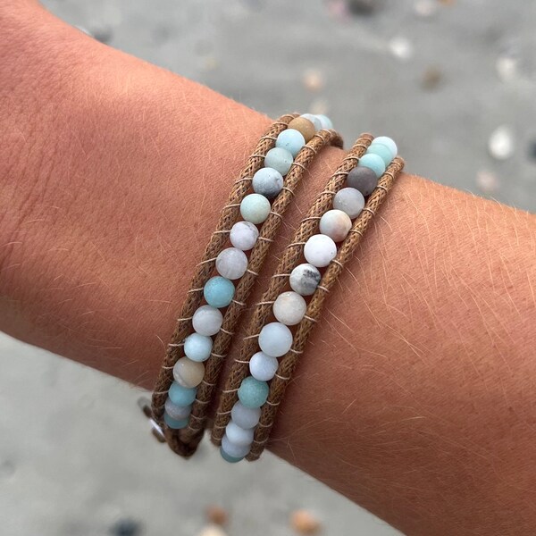 Amazonite stone vegan wrap bracelet, boho beach bracelet