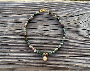green jasper beaded anklet with 14k gold filled sunshine charm