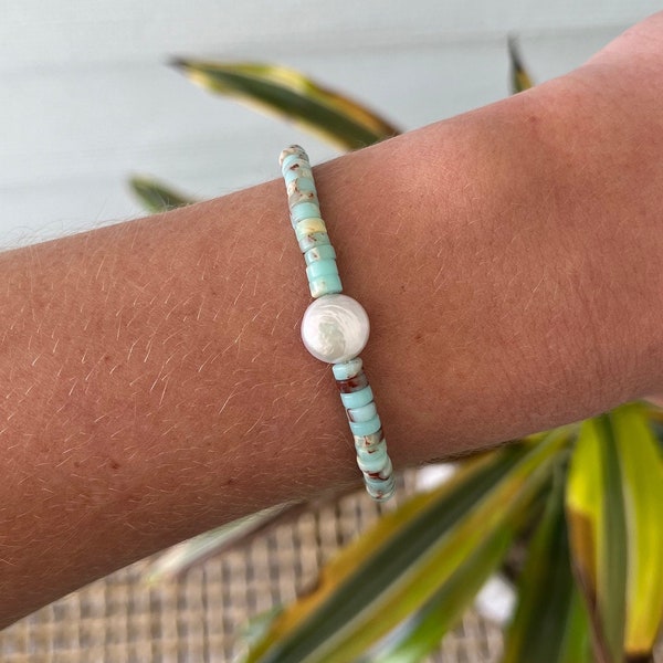 Jasper bracelet with a freshwater coin pearl, bohemian beach bracelets, gemstone bracelet, freshwater pearl bracelet