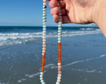 beachy neutrals gemstone necklace, multicolor blue and orange layering necklace