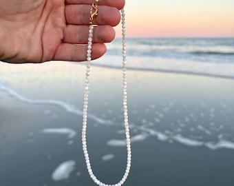 dainty mother of pearl beaded necklace, beachy layering necklace