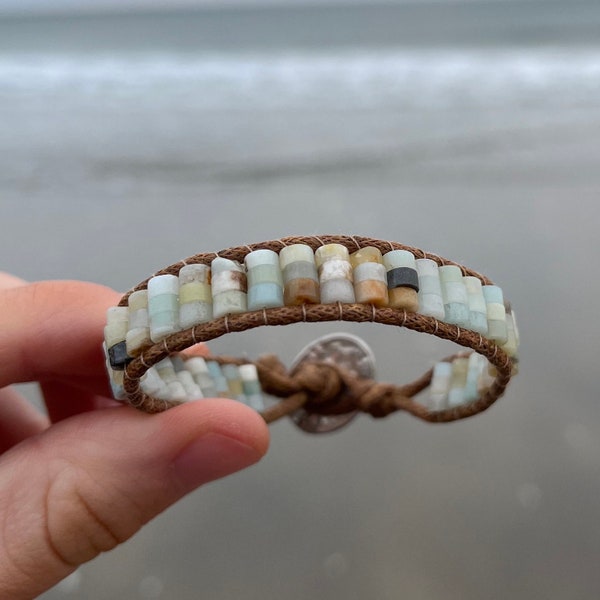 Amazonite stone vegan wrap bracelet, boho beach bracelet, neutral beaded bracelet