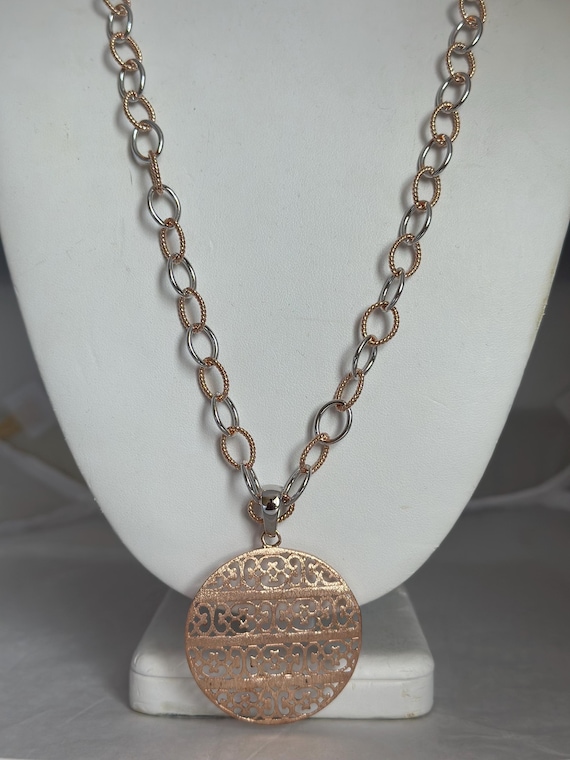 Sterling Silver 925  Rosetone Openwork Round Pend… - image 1