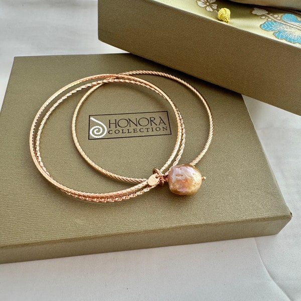 Honora Collection Bronze Italy 3 Band Rigged Bangles 17mm BAROQUE Bronze Sheen Pearl Rose Gold Tone See Description for Size Approx 8-8.5”