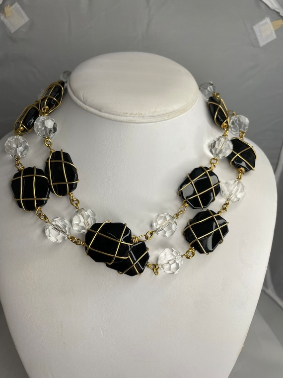 Joan Rivers Long Black and Clear Bead Goldtone Nec