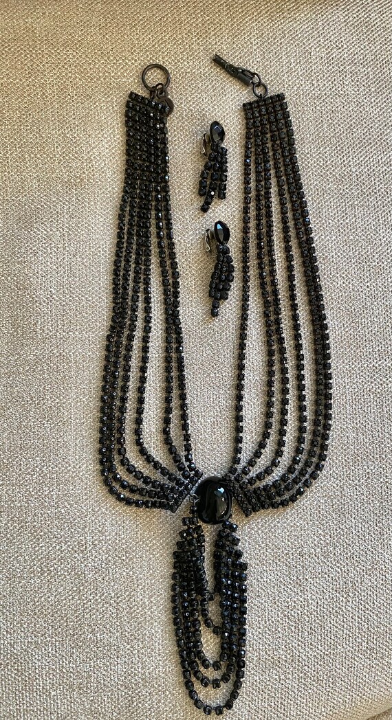 Statement Six Strand Black Rhinestones Draping Ch… - image 10