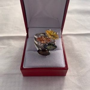 Multi Color Faceted Marquise Simulated Clear and Four Color Prong Set Stones Statement Ring 925 Sterling Silver