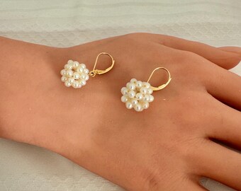 14K Solid Gold JCM Cluster Drop Ball Cultured Pearls Lever Back Earrings