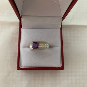 Amethyst Faceted Simulated  Sterling Silver 925 Concave Style Ring