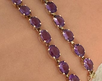 14K Solid Gold 20 Amethyst 14+ ctw Gemstones Oval Faceted Vintage Tennis Bracelet 7.56 Grams  Hallmark 14K width 0.21”Length 7.25 Total “