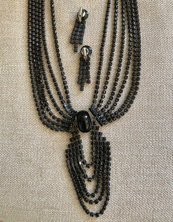 Statement Six Strand Black Rhinestones Draping Ch… - image 2