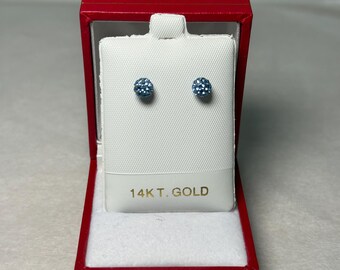 14K Solid Gold Lab Grown Blue Topaz Crystal Ball Post Back Earrings