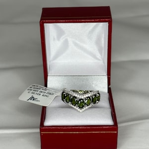 Oval Russian Chrome Diopside with Round White Zircon Sterling Silver Statement Ring
