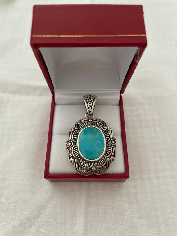 Sterling Silver 925 Oval Turquoise Open Work Pend… - image 1