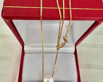 10K Solid Gold Delicate Box Chain Floating Cultured Pearl Necklace Yellow Gold 1.61 Grams Designer Peter Brams Lovely 17” Total Length