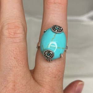 Oval Cabochon Marcasite Turquoise Simulated Sterling Silver 925 Ring
