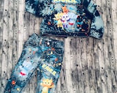 Word party inspired boy denim pants and jacket vest set. Custom orders are welcome. Leave details in purchase notes.