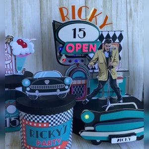 50’s custom cake toppe with movement, led lights, 50’s cake topper, 50’s birthday party, 50’s theme party, rock and roll 3D cake topper