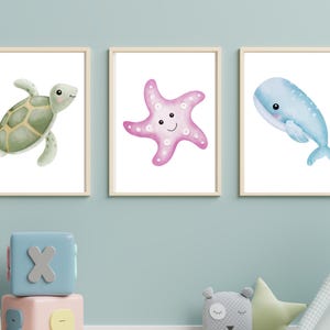 Juego de impresión de arte Din A4 de 3 sin marco - lindas criaturas marinas - tortuga estrella de mar ballena - habitación para niños habitación para bebés guardería bebé - imagen de póster
