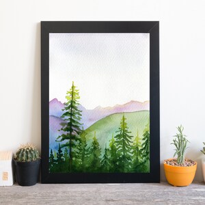 Din A4 Kunstdruck ohne Rahmen - Landschaft mit Tannenwald - Wald Grün Wälder Tanne Aquarell Druck Poster Bild