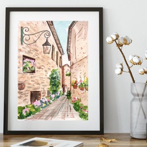 Din A4 Art Print without Frame - Watercolor: Romantic Alley in Italy - Old Town Tuscany - Dolce Vita - Print Poster Picture