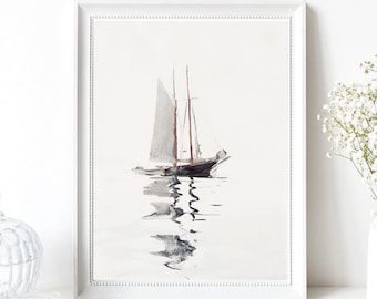 Din A4 Kunstdruck ohne Rahmen - Boot auf Meer - Segelboot Segeln Aquarell Maritim Ozean - Druck Poster Bild