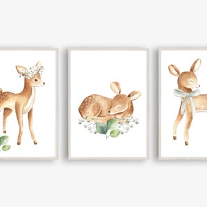 Din A4 Kunstdruck 3er-Set ohne Rahmen - Reh - Rehe Kinderzimmer Babyzimmer Waldtier Aquarell Weiß Bild Poster Geschenk