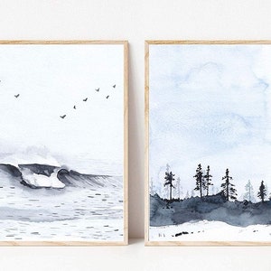 Din A4 Kunstdruck ungerahmt 2-teilig Aquarell Meer Wellen - Landschaft Bäume - Horizont Himmel Romantik Druck Bild Poster