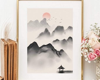 Din A4 Art Print Din A4 zonder frame - Aziatische landschapskunst China Japan Bergen Sun Asia Inkt print foto