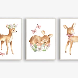 Din A4 Art Print Set de 3 sin marco - Ciervo - Ciervo Habitación de niños Habitación para bebés Niña Bosque Animal Acuarela Rosa Imagen Póster Regalo
