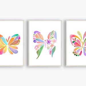 Din A4 Kunstdruck ohne Rahmen 3er Set - Schmetterlinge - Abstrakt Ornament - Aquarell - Scandi Style - Kinderzimmer Baby Bild Poster