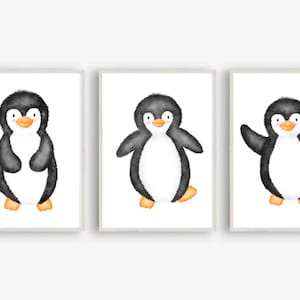 Din A4 Kunstdruck 3er Set ohne Rahmen - Pinguin - Süße Pinguine - Pinguin Kinderzimmer Babyzimmer Nursery - Aquarell Druck Poster Bild