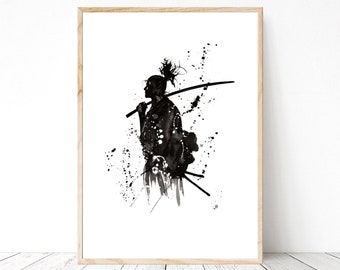 Din A4 Bild Kunstdruck ungerahmt Druck Kunstdruck A4 Samurai Krieger Japan Schwert Aquarell schwarz Bild Neu 01 Poster Geschenk