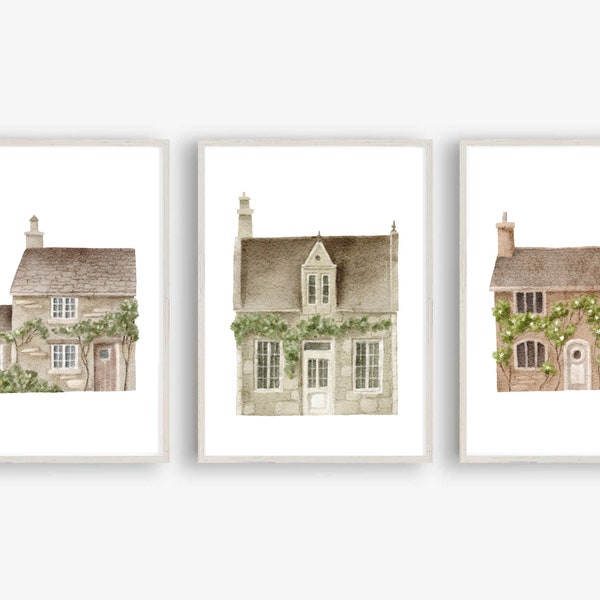 Din A4 Kunstdruck ohne Rahmen 3er Set - Niedliche Cottages - Landhaus Cottage Haus Häuschen Romantik Aquarell - Bild Poster Druck
