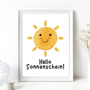 Din A4 Kunstdruck - Spruch Hello Sunshine - Hallo Sonnenschein - Sonne Wickeltisch Kinderzimmer Babyzimmer Nursery Baby - Druck Poster Bild