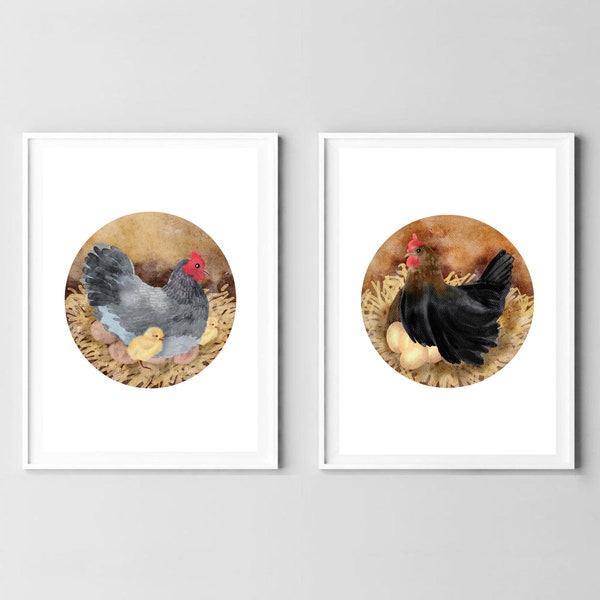 2er Set Din A4 Kunstdruck ohne Rahmen - Huhn - Hühner Küken Eier Gelege Nest Geflügel Bauernhof - Aquarell Poster Bild Druck