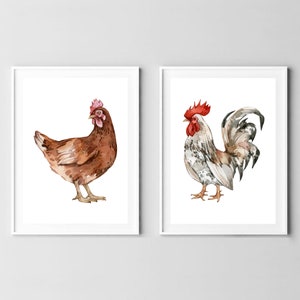 Din A4 Art Print without Frame Set of 2 - Gallo Pollo - Pollo domestico Pollo Gockel Uccello Acquerello naturale Stampa Poster Immagine Immagine