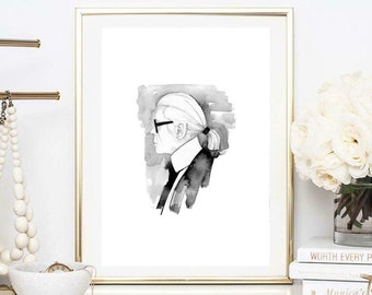 Din A4 Kunstdruck ungerahmt Aquarell Portrait Karl Lagerfeld Profil schwarz weiß Druck Bild Poster