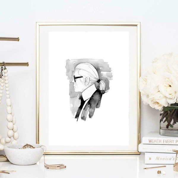 Din A4 Kunstdruck ungerahmt Aquarell Portrait Karl Lagerfeld Profil schwarz weiß Druck Bild Poster