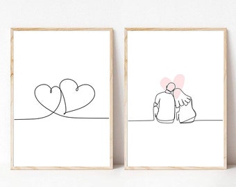 Kunstdruck Din A4 ohne Rahmen 2er Set - Paar mit Herz - Herzen - Liebe Pärchen Zweisamkeit Zeichnung Minimalismus Linien Modern Poster Bild