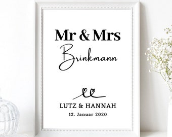 Din A4 Kunstdruck ohne Rahmen - Mr Mrs - Personalisiert - Geschenk Paare Pärchen Brautpaar Hochzeit Ehepaar Jahrestag Verlobung Valentinstag