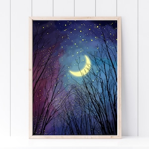 Din A4 Kunstdruck ohne Rahmen - Nachthimmel mit Mond - Sterne Sternenhimmel Wald - Illustration Druck Poster Bild