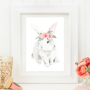 Din A4 Picture Art Print without Frame - White Rabbit with Flowers - Rabbit Bunny Flower Wreath Watercolor Children's Room Baby Room Poster Gift